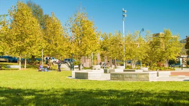 在阳光明媚的秋日早晨 人们在阳光明媚的秋日早晨与秋色树和蓝天在邦科姆县法院大楼前享受包广场公园 — 图库视频影像