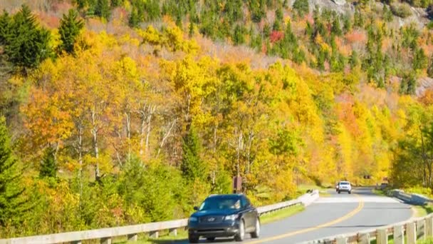 ノースカロライナ州のスモーキー山脈の晴れた日に青い空の背景を持つ祖父山に向かってブルーリッジパークウェイの過去の秋の色の木のトラフィックから傾く — ストック動画