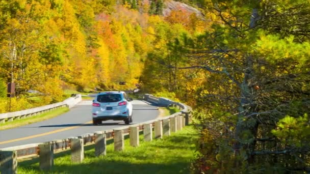 在北卡罗来纳州烟雾弥漫的山脉蓝岭公园路上 从树木向行驶的车辆平移 在阳光明媚的日子被秋色树木包围 — 图库视频影像