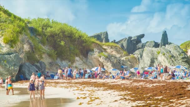 Отдыхающие Туристы Проводят Солнечный День Пляже Horseshoe Bay Beach Саутгемптоне — стоковое видео