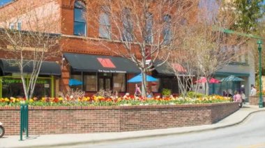 Kahve Evi Sahne Tarihi Hendersonville North Carolina Ana Cadde'de Bahar sırasında Renkli Laleler İçeren ÇiçekTarlar Arasında Park Scooter featuring.