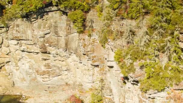 秋の色と晴れた日にノースカロライナ州の祖父山の近くのリンビル滝州立公園でメイン滝に向かってパンニング — ストック動画