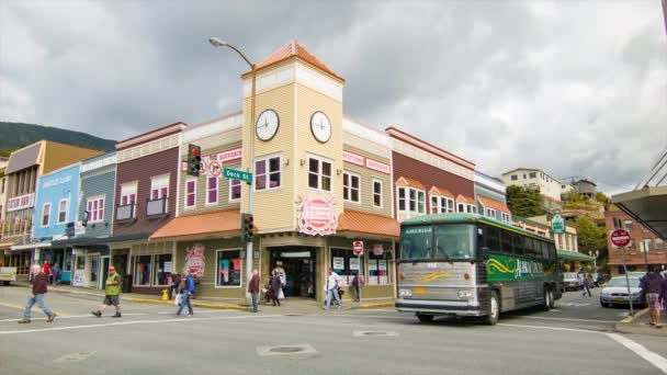 Ketchikan Alaska Downtown Street Scene Dock Street Shops People Passing — Stock Video