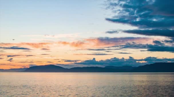 Dramatic Mountain Sunset Sunrise Moving Ship Sea Cruising Coastline Smooth — Stok Video