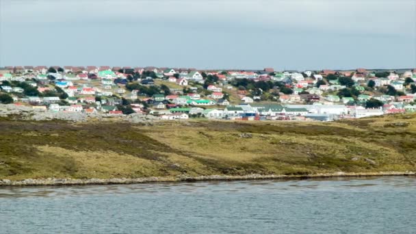 Ilhas Malvinas Close Panning Island Habitação Port Stanley Dia Verão — Vídeo de Stock