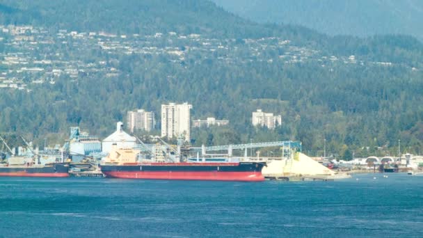 货船停靠在加拿大温哥华造船厂在不列颠哥伦比亚省的一个阳光明媚的日子 — 图库视频影像