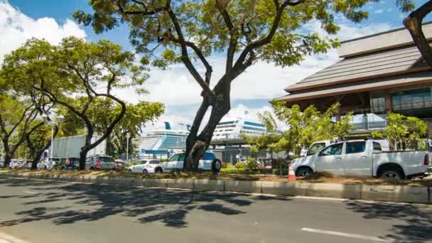 Papeete Tahiti City Street Traffic Driving Cars Tree Covered Road — Stock Video
