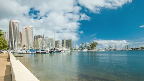 Honolulu Havaí Barcos Vela Iates Waikiki Beach Marina Com Mar — Vídeo de Stock