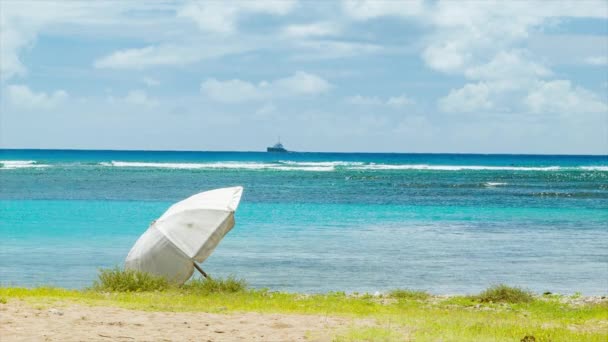 Honolulu Hawaii Strand Paraplu Zonnige Dag Met Tropisch Water Surfen — Stockvideo