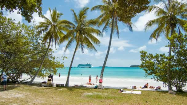 Isla Pino Turistas Playa Con Fondo Crucero Entre Palmeras Tropicales — Vídeos de Stock