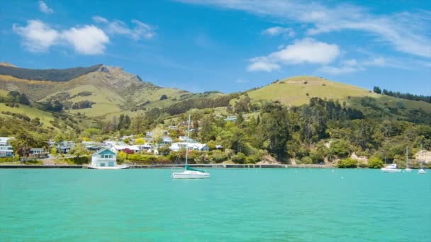 Akaroa Nowa Zelandia Waterfront Town Porcie Domów Okoliczne Zielone Wzgórza — Wideo stockowe