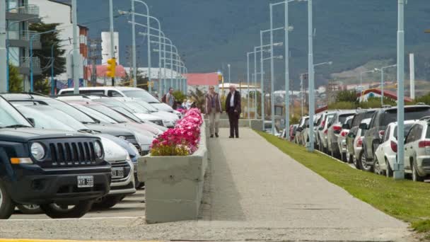Coppia Anziani Piedi Tra Fiori Durante Visita Vibrante Città Ushuaia — Video Stock
