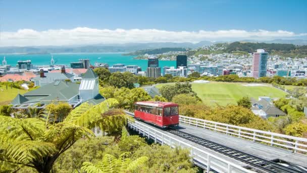 Wellington New Zealand Cable Car Arriving Kelburn Station City Landscape — Stock Video