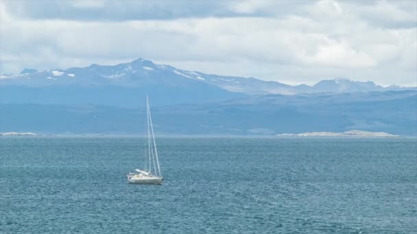 Sailboat Crossing Ushuaia Harbor Argentina Beagle Channel Southern Most Tip — Stock Video