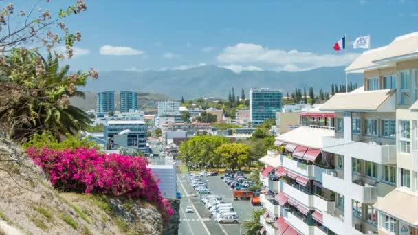 Noumea Kaledónia Élénk Sziget City Scene Színes Virágok Épületek Járművek — Stock videók