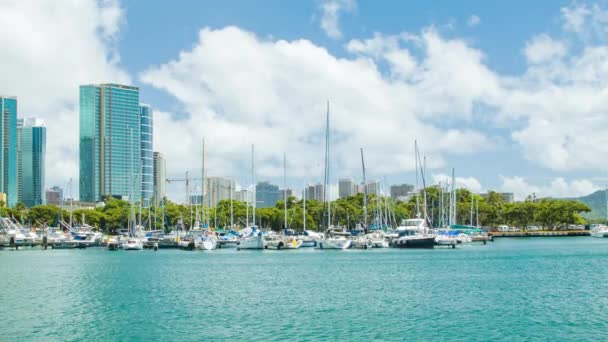 檀香山夏威夷码头与船和游艇在现代建筑前的背景 — 图库视频影像