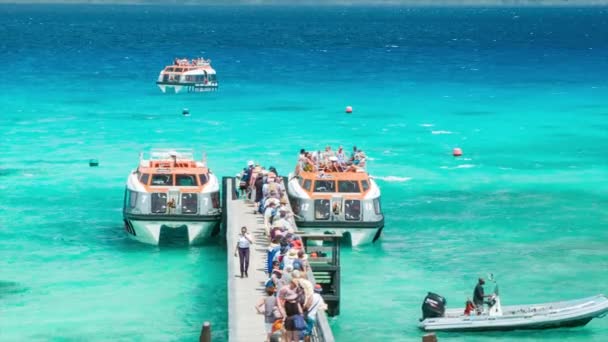 Cruiseschip Aanbestedingen Island Pier Met Mensen Die Rij Van Boot — Stockvideo