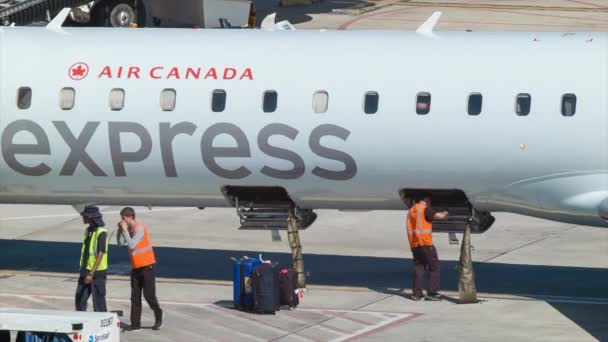 Gepäck Aus Dem Regionalflugzeug Air Canada Jazz Express Canadair Crj — Stockvideo