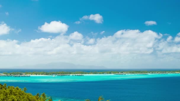 Bora Bora French Polynesia Wide Panning Establishing Shot Beachfront Resorts — Stock Video