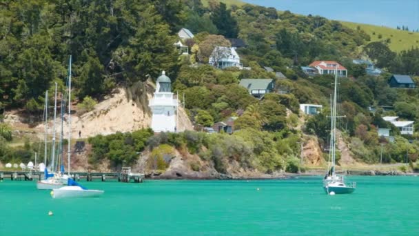 Akaroa New Zealand Harbour Waterfront Residential Properties Hills Lighthouse Summertime — Stock Video