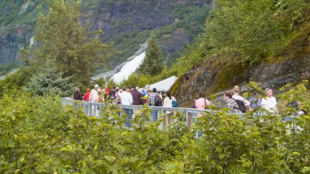 Mensen Wandelen Langs Pad Mendenhall Glacier Drukke Toeristische Scène Met — Stockvideo