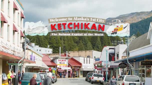 Ketchikan Alaska Entrada Bem Vindo Sinal Rua Estabelecendo Tiros Destino — Vídeo de Stock