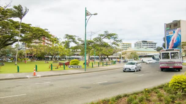 苏瓦斐济汽车和巴士在绿色公园环城交通周围行驶 — 图库视频影像