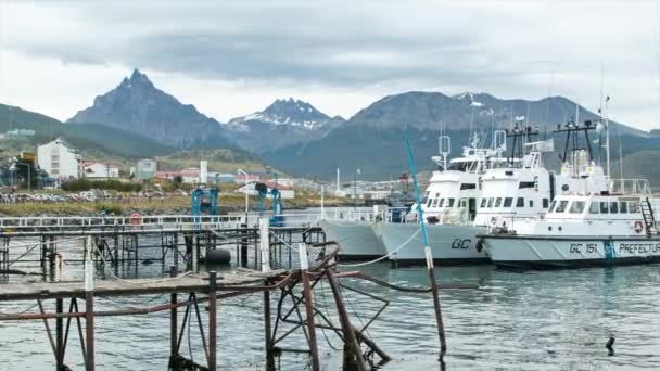 Barcos Prefeitura Naval Argentina Atracados Porto Ushuaia Argentina Com Majestosas — Vídeo de Stock