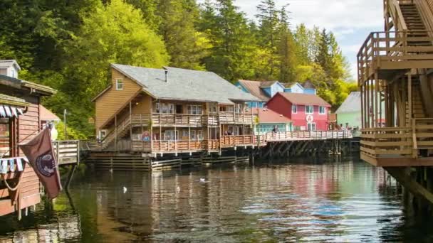 Panning Creek Street Waterfront Buildings Ketchikan Alaska Sunny Summers Day — Stock Video