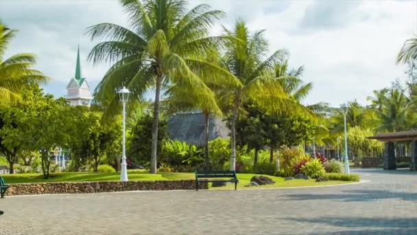 帕皮提塔希提法属波利尼西亚城市公园与走道和绿色棕榈热带植物教堂建筑的背景 — 图库视频影像