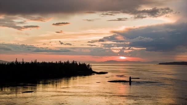 Alaska Dramatic Sunrise Sunset Scene Sea Land Ship Moves Channel — Stock Video