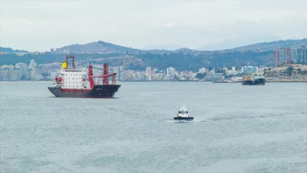 Buque Carga Llegando Valparaíso Chile Guiado Por Remolcador Con Ciudad — Vídeos de Stock