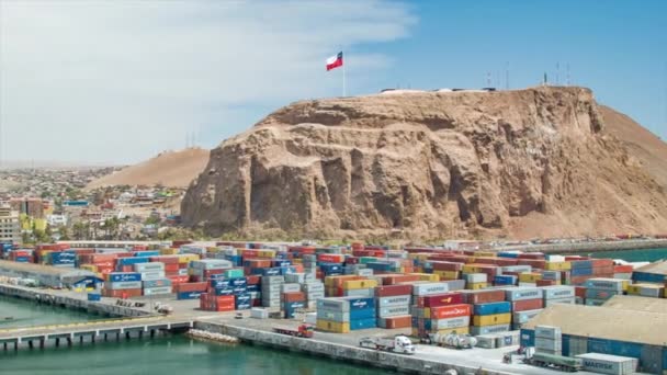 Arica Chili Amérique Sud Établissement Panoramique Tir Montagne Avec Drapeau — Video