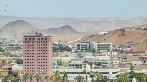 Edificios Ciudad Arica Chile Primer Plano Con Fondo Montaña Del — Vídeo de stock