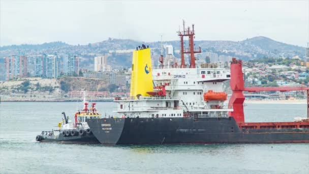 货船特写镜头抵达瓦尔帕莱索智利引导与南美城市背景的拖船 — 图库视频影像