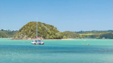 Adalar Körfezi Yeni Zelanda Kayak ve Yelkenli Su Rekreasyon Güneşli Bir Günde Motuarahi Adası ile Paihia at