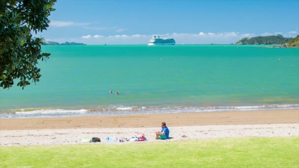 Pessoas Baía Das Ilhas Nova Zelândia Desfrutando Sandy Beach Nadando — Vídeo de Stock