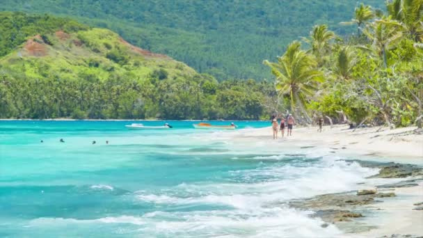 海の上に壊れる熱帯の海の波とビーチを歩く観光客とミステリー島バヌアツエキゾチックな海岸 — ストック動画