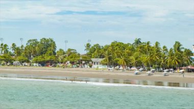 Puntarenas Kosta Rika Beachfront Yeşil Palmiye Ağaçları ve Turistler Plaj Kum Zevk Over Panning