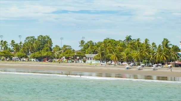 蓬塔雷纳斯哥斯达黎加海滨潘宁在绿色棕榈树和游客享受沙滩沙 — 图库视频影像