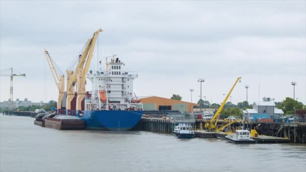 Generic Freighter Lastfartyg Docka Område Med Kranar Och Bogserbåtar Mississippifloden — Stockvideo