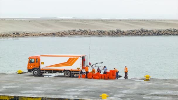 Peruanska Fiskare Vid Kajen Lastar Fisken Orange Lådor Som Skall — Stockvideo