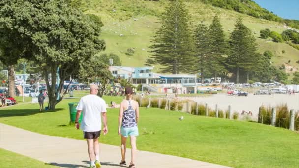 Ταουράνγκα Νέα Ζηλανδία Ζευγάρι Περπάτημα Θαλάσσιο Παρέλαση Μονοπάτι Στην Κεντρική — Αρχείο Βίντεο
