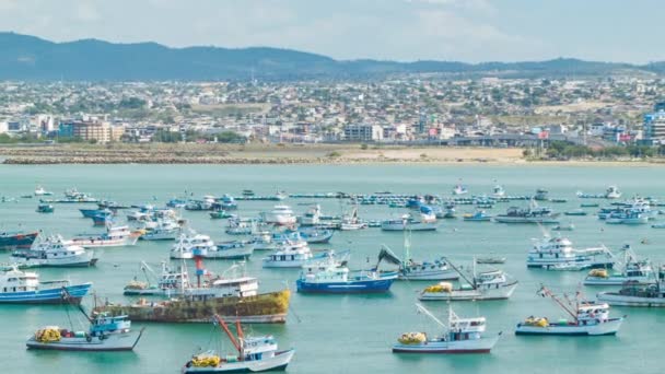 Manta Equador Oceanfront Pacífico Com Barcos Pesca Ancorados Baía Dia — Vídeo de Stock