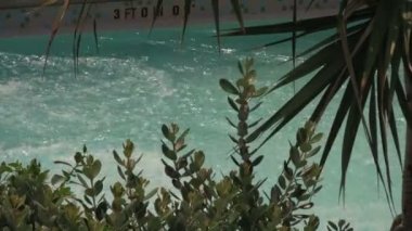 Kız Su Kaydırağı Sonunda Yüzme Havuzu içine Splashes. Orlando's Aquatica Su Parkı'nda yeşil Bitkiler ve Yeşillik Arkasından Görüldü.