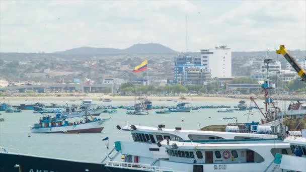 Baía Pesca Manta Equador Com Bandeira Nacional Acenando Vibrante Cidade — Vídeo de Stock