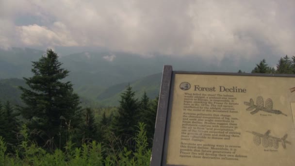 Forest Decline Signage Blue Ridge Parkway Overlooking Appalachian Mountains Stormy — Stock Video
