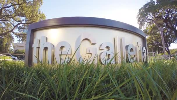 Houston Galleria Mall Außenbeschilderung Nahaufnahme Mit Grünem Gras Vordergrund — Stockvideo