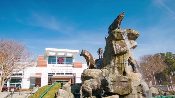 ノースカロライナ州立大学ローリーNcのウェンデルH マーフィーフットボールセンタービルの外観とウルフパック噴水 — ストック動画
