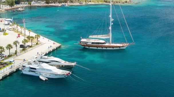 Yachts Dans Les Eaux Bleues Claires Bodrum Turquie Amarrés Port — Video